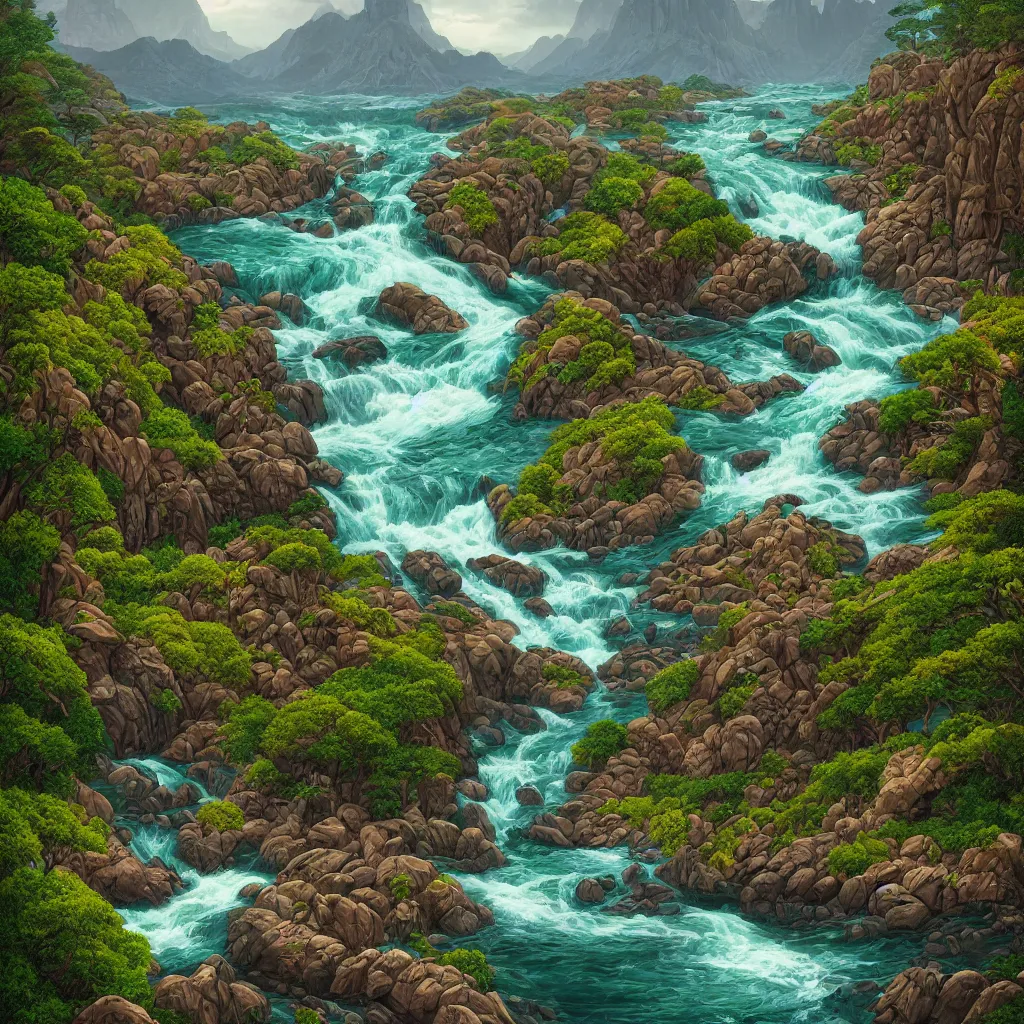 Prompt: avila mountains river, granite rocks, green, cascade, a detailed matte painting by dan mumford, deviantart contest winner, maximalism, 2 d game art, detailed painting, physically based rendering