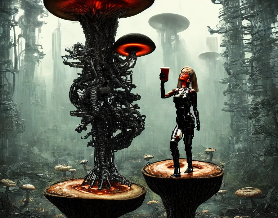 Image similar to photo of an intricate and sophisticated terminator woman with borg enhancements sitting on a giant mushroom in a weird magical forest and drinking a cup of tea. Very detailed 8k. Fantasy cyberpunk horror