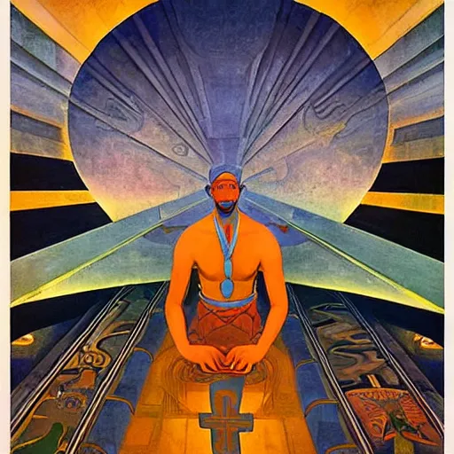 Image similar to the shaman of the subway, an art deco painting by leo and diane dillon and diego rivera and nicholas roerich, dramatic lighting, god rays, smooth, sharp focus, highly detailed