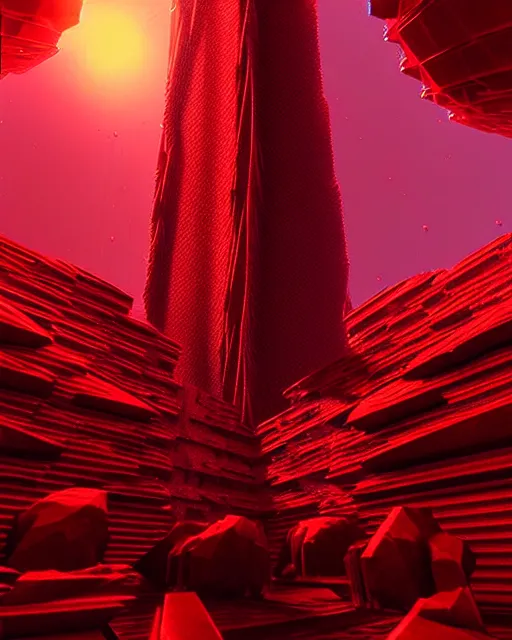 Image similar to futuristic sci fi exterior crystal jagged textured obelisk structures made out of red mandelbulb glowing crystal energy on the nuclear reactor unreal engine volumetric lighting subsurface scattering