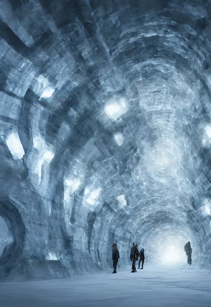 Prompt: Multiple connecting ice tunnels in antartica, multiple people moving around the tunnels, facinating and imposing, fantasy digital art, octane render, beautiful composition, trending on artstation, award-winning photograph, masterpiece