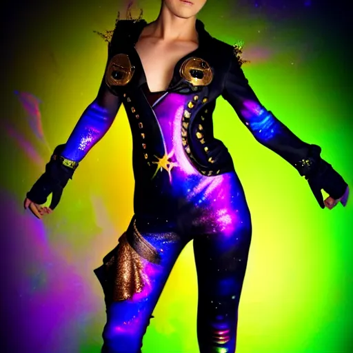 Image similar to a pirate, she is wearing iridescent bodypaint and futuristic space clothes