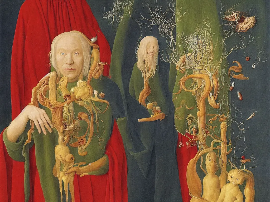 Image similar to Portrait of albino mystic with blue eyes, with exotic beautiful giant leeches. Painting by Jan van Eyck, Audubon, Rene Magritte, Agnes Pelton, Max Ernst, Walton Ford