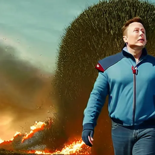 Prompt: a cinematic scene of a giant elon musk in sky blue armor walking away from a explosion of blue twitter birds