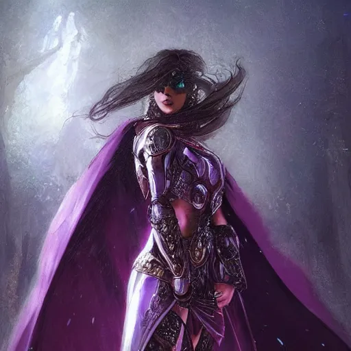 Image similar to masterpiece digital painting of a beautiful woman knight portrait, centered, heavy black obsidian armor, chaotic ruby inlays, large cape, by kev walker and greg rutkowski and mucha and luis royo, atmospheric fog effects background, purple sparkles, artstation, deviantart, closer view, cinematic lights