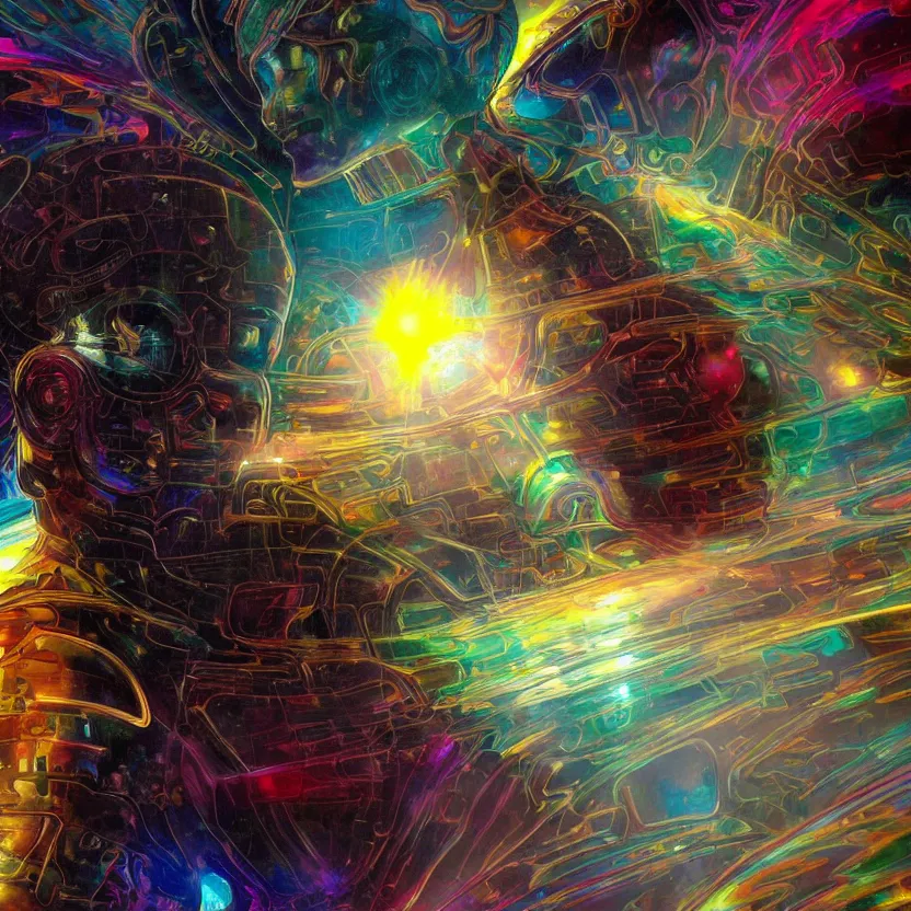 Prompt: a close - up neoclassicist sci - fi portrait of a colorful chrome marble being meditating and weaving fabrics of reality. iridescent textures. glowing fog, black background. highly detailed fantasy science fiction painting by moebius, norman rockwell, frank frazetta, and syd mead. rich colors, high contrast, artstation