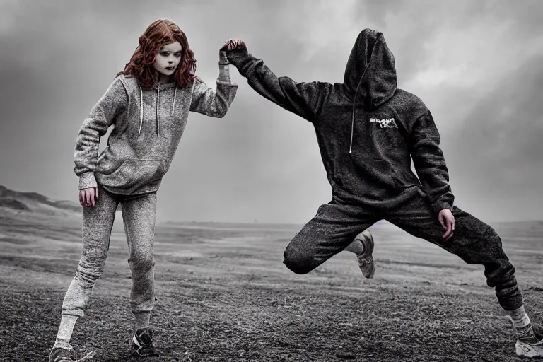 Prompt: sadie sink in a hoodie : running pose. cyborg behind : running pose. dirt, fantasy, soviet dystopian art by ayami kojima, vasnetsov, cedric peyravernay