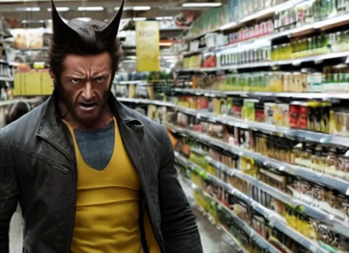 Image similar to film still of Wolverine going grocery shopping in the new X-Men movie, 4k