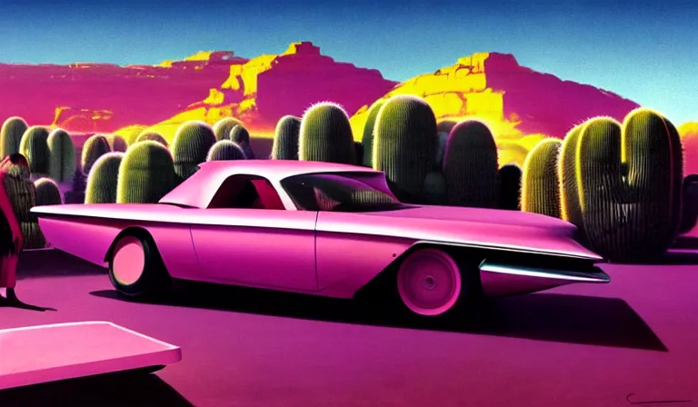 Prompt: a cinematic matte painting of a sleek 1 9 6 0 s vaporwave retro - futurism sci - fi car in a cluttered garage in the american southwest. cactus. by eric lafforgue, glennray tutor and edward hopper, greg rutkowski. trending on artstation.