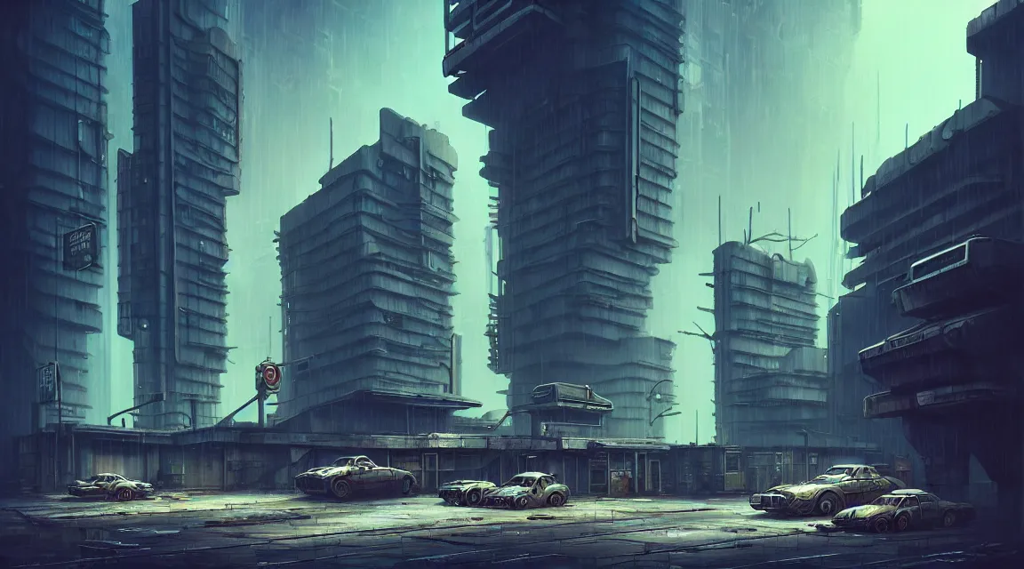 Image similar to post apocalyptic cyberpunk police station, building, avenue, urban architecture, americana architecture, concrete architecture, cloudy sky, paved roads, by boris vallejo trending on artstation, photorealistic, wild vegetation, utopian, futuristic, blade runner, neon signs, sharp, clear, focus