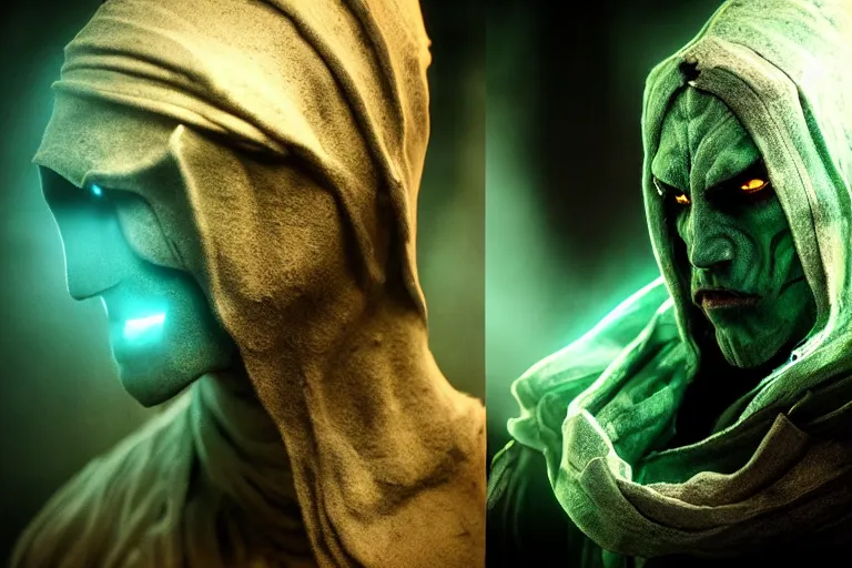 Image similar to vfx film, hyper realistic render, soul reaver, raziel irl, price of persia movie, missing jaw, hero pose, devouring magic souls, scarf, hood, glowing green soul blade, in epic ancient sacred huge cave temple, flat color profile low - key lighting award winning photography arri alexa cinematography, hyper real photorealistic cinematic beautiful, atmospheric cool colorgrade