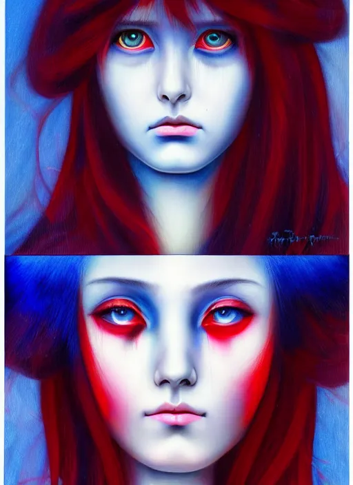 Image similar to beautiful matte airbrush portrait of a maiden with sad eyes crying on a white background, inspired by ayami kojima, 8 0's airbrush aesthetic, purple red and blue color palette, art by pater sato