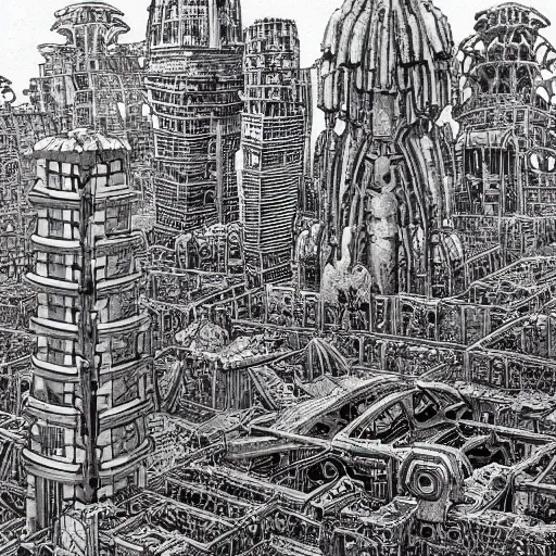 Image similar to an ancient destroyed futuristic city by Moebius, intricately detailed
