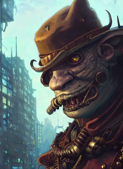 Prompt: a portrait of a steampunk orc in a city, key visual, ambient lighting, highly detailed, digital painting, artstation, concept art, sharp focus, by makoto shinkai and akihiko yoshida and hidari and wlop