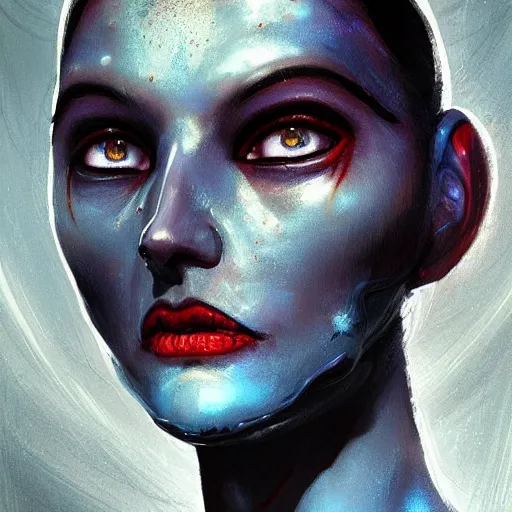 Image similar to portrait of an alien woman by Greg Rutkowski, blue skin, red eyes, black hair with two strand around her face, authority figure, secretary general of the galactic alliance, wearing black uniform, Star Wars Expanded Universe, highly detailed portrait, digital painting, artstation, concept art, smooth, sharp foccus ilustration, Artstation HQ