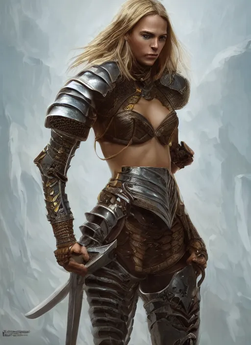 Image similar to portrait of model cara delevinge as a legendary knight warrior, au naturel, hyper detailed, digital art, trending in artstation, cinematic lighting, studio quality, smooth render, unreal engine 5 rendered, octane rendered, art style by klimt and nixeu and ian sprigger and wlop and krenz cushart.