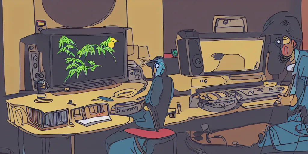 Image similar to 'black chicken'!!! smoking 'cannabis!!!!!!' in front of 'audio console'!!!! and 'multi monitors!!!!!!' in a tv broadcasting studio, artwork by James Gilleard