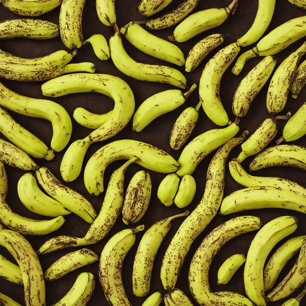 Prompt: very ripe bananas organized like a complex fractal, cracked, vegetable foliage, art nouveau fractal with petal shape, and stems, mesh roots, hyper real, food photography, high quality