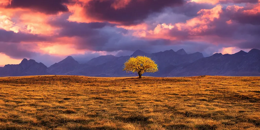 Prompt: award winning landscape photography by charlie waite, lone tree in foreground with bright jagged mountains in background, sunset, dramatic lighting, clouds