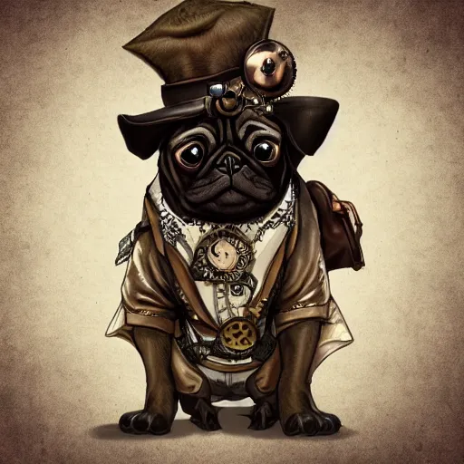 Image similar to pug dressed with inspirations from steampunk style, high detailed, digital art, trending on artstation, devianart, cgsociety