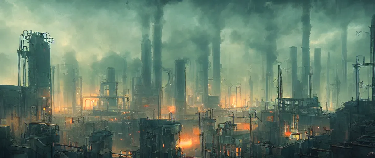 Image similar to dystopian city of factories, lots of smoke rising from chimneys, concept art, digital painting, style of jordan grimmer, dark green lighting, futuristic, volumetric lighting, view from below, symmetrical, vivid colours, bright, daytime, godrays