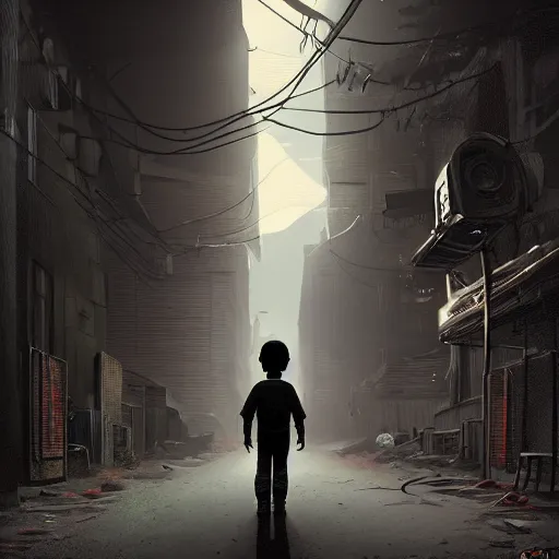 Prompt: a dynamic long shot portrait of the silhouette of a black boy with an afro walking through a post apocalyptic alley, by simon stalenhag and dan mumford, dark and ominous, digital illustration, behance, rendered in unreal engine 5, rim lighting, volumetrics, ray tracing, 8 k, hd