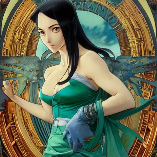 Prompt: highly detailed vfx portrait of nico robin by ( eiichiro oda ), makoto shinkai, alphonse mucha, sharp focus, art by artgerm and greg rutkowski!, backlit, harsh overhead sunlight, blue eyes!!, large aquiline nose!!, stanley kybric, kaoru mori, detailed, best of behance,