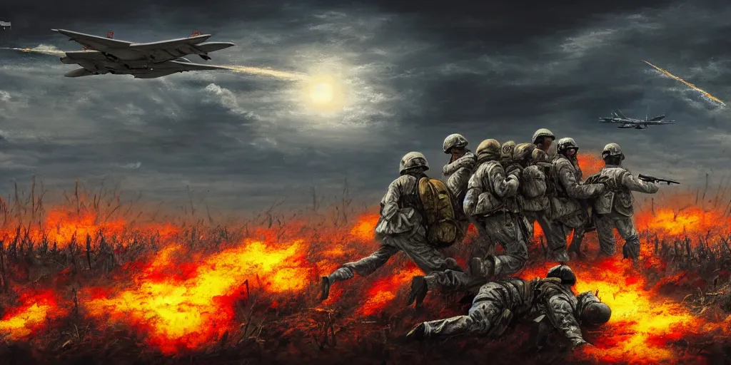 Prompt: nuclear attack, Jesus alongside the US air force, planes, battlefield, nuclear bomb, trending on art station, epic battle, intense battle, large scale battle, radioactive, Jesus Christ, mushroom cloud, United States Air Force, infantry, 8k