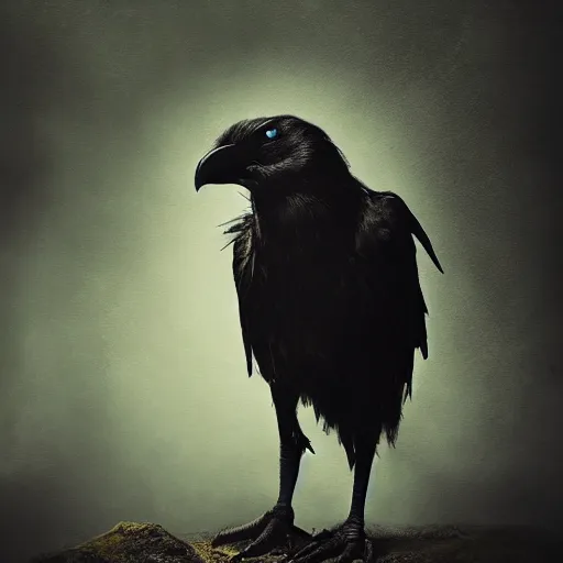 Image similar to werecreature consisting of a crow and a human, featured on artstation, photograph captured in a dark forest