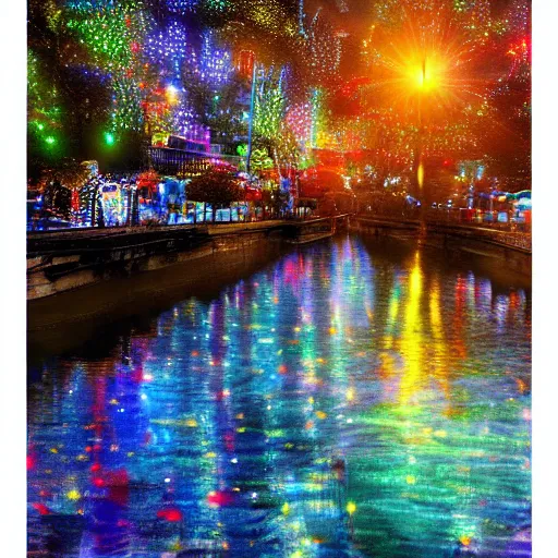 Prompt: A Mystic River, The River Is Full of Lights, Mysticism, Artwork, Watercolor, Indian Art, Cinematic, Exposure, Slit-Scan Photography, 2-Dimensional, 4k, Ultra-HD, Incandescent, Ray Tracing Reflections, insanely detailed and intricate, hypermaximalist, elegant, ornate, hyper realistic, super detailed:: watermark:: blurry:: cropped:: blur:: blurry:: out of focus:: by Dorothea Tanning, by Rene Magritte, by Victto Ngai