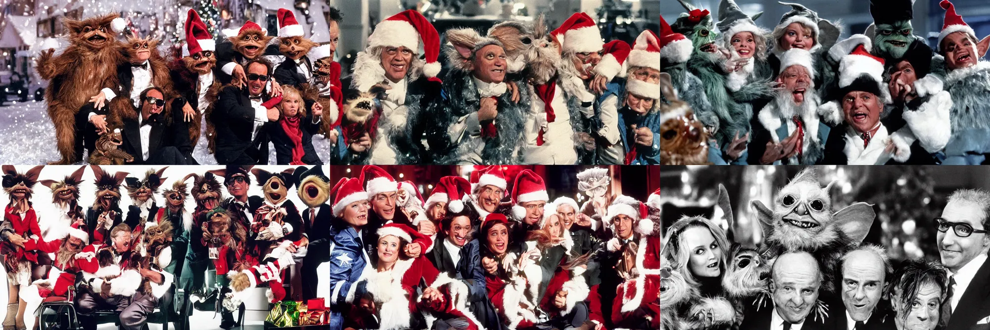 Prompt: film still from christmas summer blockbuster GREMLINS 3 NEW WORLD ORDER, revealing the president is just 3 gremlins sat on each others shoulders wearing a long coat and funny hat