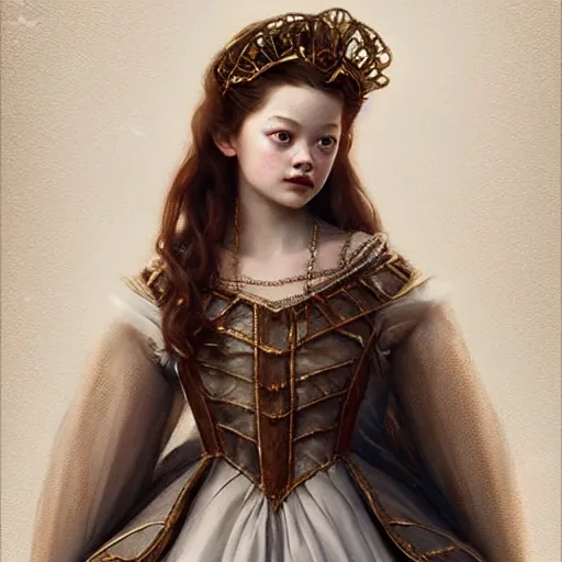 Prompt: beautiful & striking Mackenzie Foy as a 1700s princess by Artgerm and Greg Rutkowski, intricate, elegant, highly detailed, digital painting, artstation, concept art, moody, sharp focus, illustration,