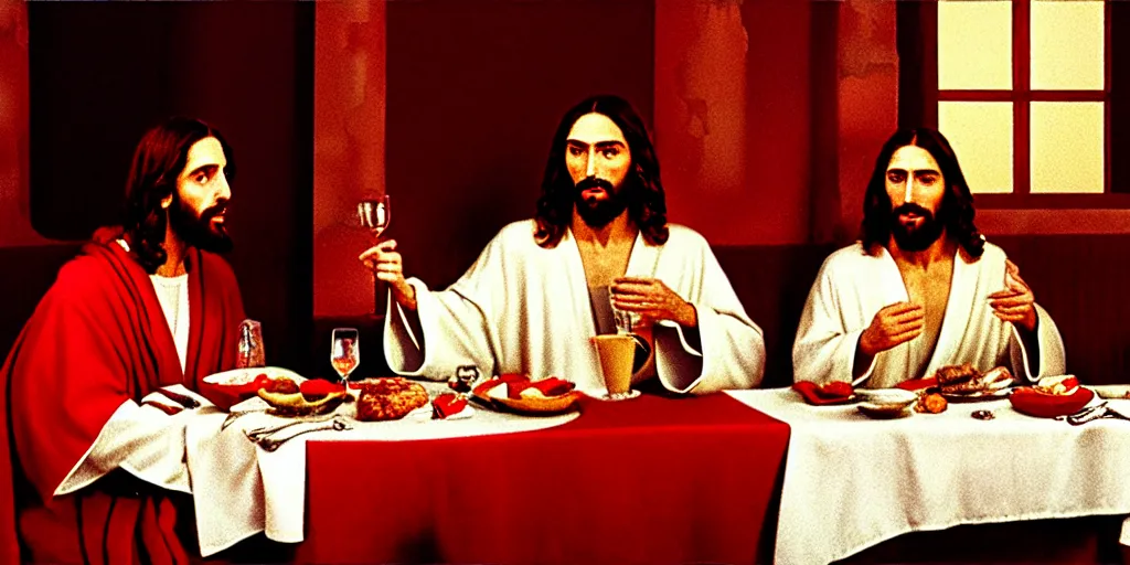 Image similar to jesus christ in a robe and red scarf, in a restaurant, on a date, yelling at a waiter