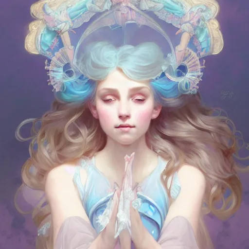 Image similar to Portrait of magical girl, dreamy and ethereal, pastel blue eyes, peaceful expression, ornate frilly dress, fantasy, intricate, elegant, dynamic lighting, highly detailed, digital painting, artstation, concept art, smooth, sharp focus, illustration, art by artgerm and greg rutkowski and alphonse mucha