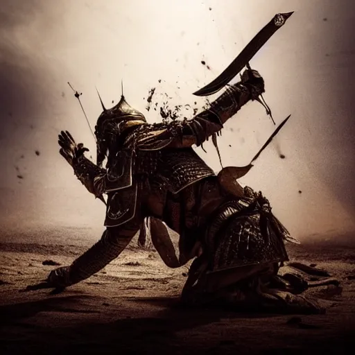 Prompt: the king in the desert dead on the ground, defeated, blood on sand, swords fallen to ground, fighting in a dark scene, detailed scene, killed in war, blood spill, Armour and fallen Crown, highly detailed, blood and dust in the air, action scene, cinematic lighting, dramatic lighting, trending on artstation, elegant, intricate, character design, motion and action and tragedy, fantasy, D&D, highly detailed, digital painting, concept art