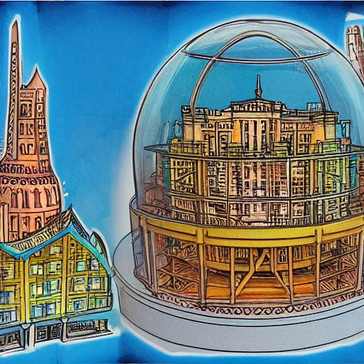 Image similar to Accurate and realistic representation of a city trapped inside a crystal clear dome. Harmonic colored disposition, expertly blended and shaded. HD. 8k. 4.k HQ. UHD . Colored pencils and color inks on two joined sheets of paper