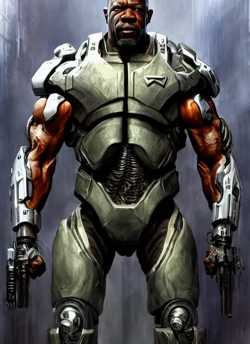 Image similar to terry crews as victor stone, full body concept, cyborg, borg, strogg, face of a man, terminator, flesh, quake strogg, doom demon, wolfenstein, monstrous, powerful, symmetry, symmetrical, concept art by ruan jia and greg rutkowski