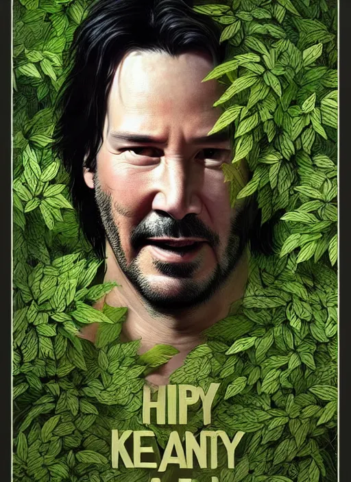 Image similar to highly detailed comedy caper movie poster with silly wacky zany keanu reeves hiding in leaves, keanu reeves face inside a leafy bush by greg rutkowski