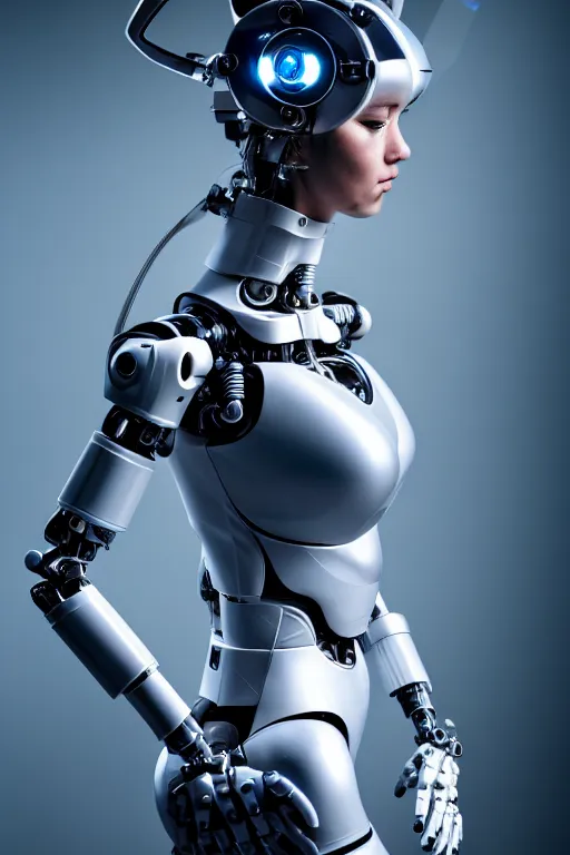 Prompt: cybernetic ultra high tech female robot with cat ears, sci - fi, cyberpunk, high tech, futurism, exoskeleton, symmetry, cinematic, elegant, luxury, perfect light, perfect composition, dlsr photography, sharp focus, 8 k, ultra hd, sense of awe, highly detailed, realistic, intricate, science journal cover