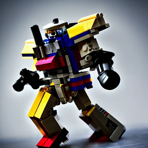 Image similar to lego man stepping into a lego gundam robot, etsy, artstation, unreal engine, sharp focus, colorful, atmospheric