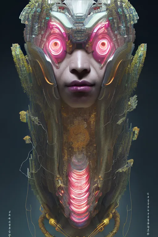 Image similar to asura from chinese myth, ghost, gorgeous and huge head ornaments, dystopian, cyberpunk, organic fractal mycelum and fungi, mecha, halfturn portrait of a big crystal face made of crystals half - turn, ominous, intricate, studio, art by anthony macbain + greg rutkowski + alphonse mucha, concept art, 4 k, sharp focus