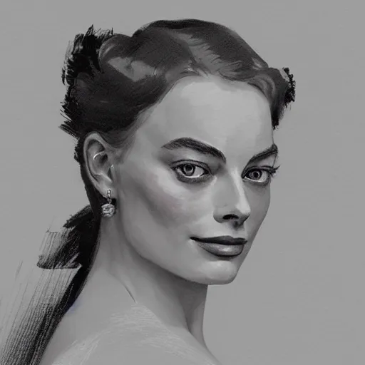 Image similar to portrait of Margot Robbie, antebellum dress, b&w shading, by Ilya Repin, and Greg Rutkowski