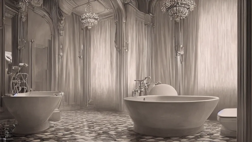 Prompt: art deco bathroom, photo, ultra detail, photoreal, professionally retouched, soft moonlight lighting, wide angle, 8 k high definition, insanely detailed, intricate, elegant, art by artgerm and wlop