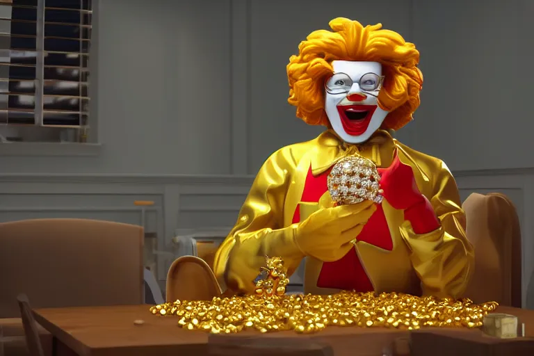 Image similar to a still of ronald mcdonald surrounded by gold and diamonds, award - winning, photograph, 3 d render, unreal engine, 4 k detailed