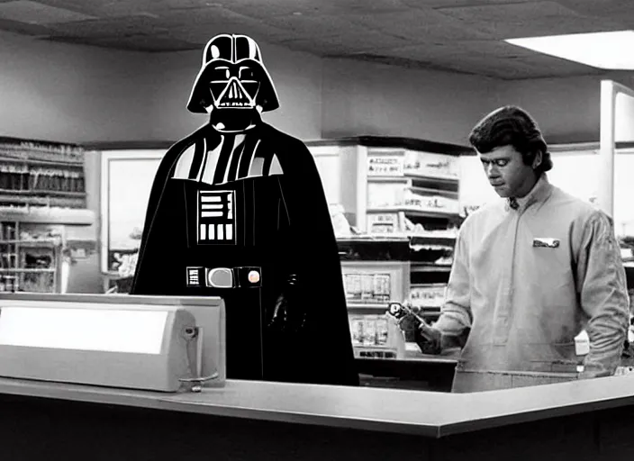 Prompt: film still of Darth Vader working as a clerk in a convenience store in the new Star Wars movie, 4k, black and white