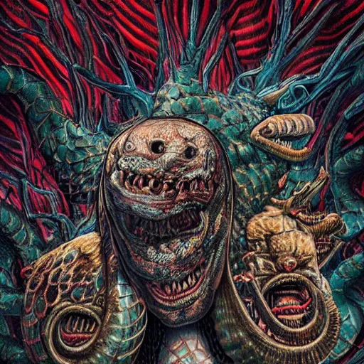 Image similar to hyper - detailed high painting of giant heads joined by snakes, the heads are open they have spiked scales and sharp teeth, the mouth is open and monstrous beings of all kinds run and scream, horror surreal art cosmic horror weird bizarre art