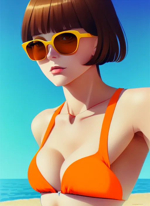 prompthunt: anime portrait of a handsome woman, brown hair, yellow - orange  eyes, wearing sunglasses and two - piece swimsuit, ilya kuvshinov, anime,  pixiv top monthly, trending on artstation, cinematic, danbooru, zerochan