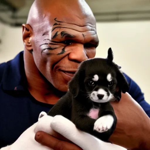 Image similar to 15mm wide shot of mike tyson holding a puppy