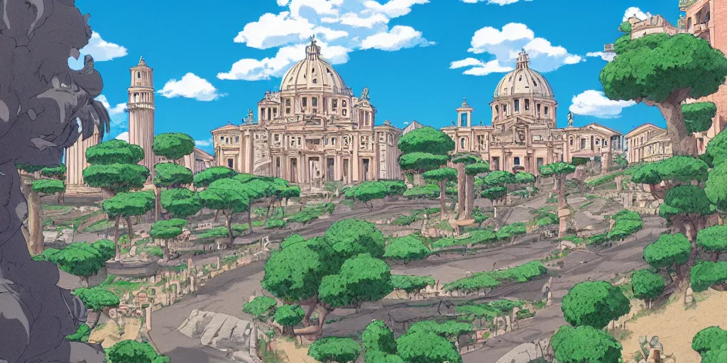 Prompt: studio Ghibli style background animatuon manga matte painting of Rome. Roads. Monuments. 4k quality. Sunny day. Bloom