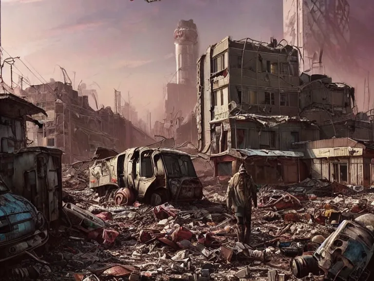 Prompt: postapocalyptic city of syzran!!!, in fallout style!!!, militaristic!!!, rubble, hyperrealistic, highly detailed, cinematic, pink sunlight, romantic, beautiful, cgssociety, artstation, 8 k, oil painting by greg rutkowski, by artgerm, by wlop